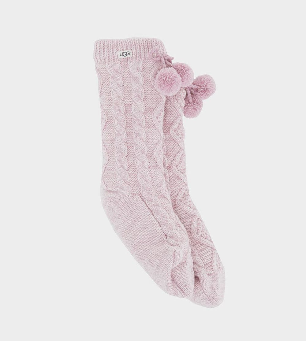 Ugg Pom Pom Fleece Lined Crew - Womens Socks - Pink - NZ (3920EFXMJ)